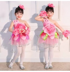 Children Kids pink petals jazz dance performance costume kindergarten petal dance dresses Puffy skirt perform cute princess tutu skirts